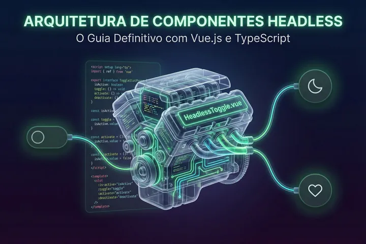 Ilustração técnica em fundo escuro com o título 'ARQUITETURA DE COMPONENTES HEADLESS' e subtítulo 'O Guia Definitivo com Vue.js e TypeScript'. No centro, um motor de carro futurista, transparente e com circuitos verde-neon levita, exibindo a placa 'HeadlessToggle.vue'. Atrás dele, há um painel translúcido com código Vue e TypeScript. Do motor, saem três cabos luminosos que alimentam diferentes componentes de interface ao seu redor: um interruptor (toggle) inativo à esquerda, um botão com ícone de lua no topo direito, e um botão de coração na base direita. A imagem ilustra uma lógica central alimentando múltiplos visuais.