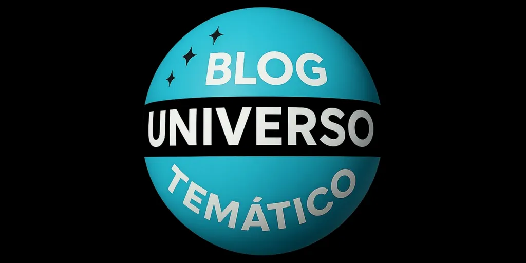 Logotipo do 'Blog Universo Temático' com fundo preto e uma esfera azul-ciano ao centro. A palavra 'UNIVERSO' aparece em branco sobre uma faixa preta horizontal. Acima, está a palavra 'BLOG' em branco, com três estrelas pretas estilizadas formando uma curva ao lado esquerdo e acima da palavra. A palavra 'TEMÁTICO' aparece em branco abaixo da faixa, acompanhando a curvatura da esfera.