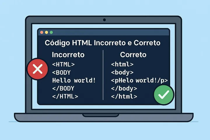 Ilustração de um computador mostrando exemplos de código HTML incorreto e correto. O incorreto usa tags em maiúsculas e texto sem parágrafo, enquanto o correto usa tags em minúsculas e envolve o texto dentro da tag <p>.