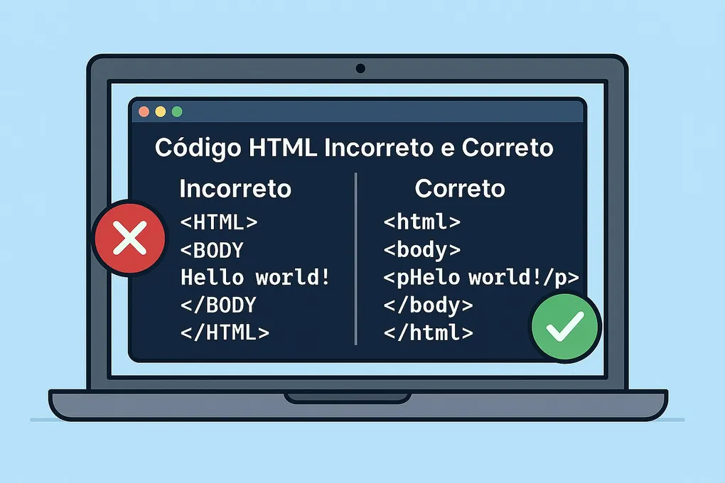 Ilustração de um computador mostrando exemplos de código HTML incorreto e correto. O incorreto usa tags em maiúsculas e texto sem parágrafo, enquanto o correto usa tags em minúsculas e envolve o texto dentro da tag <p>.