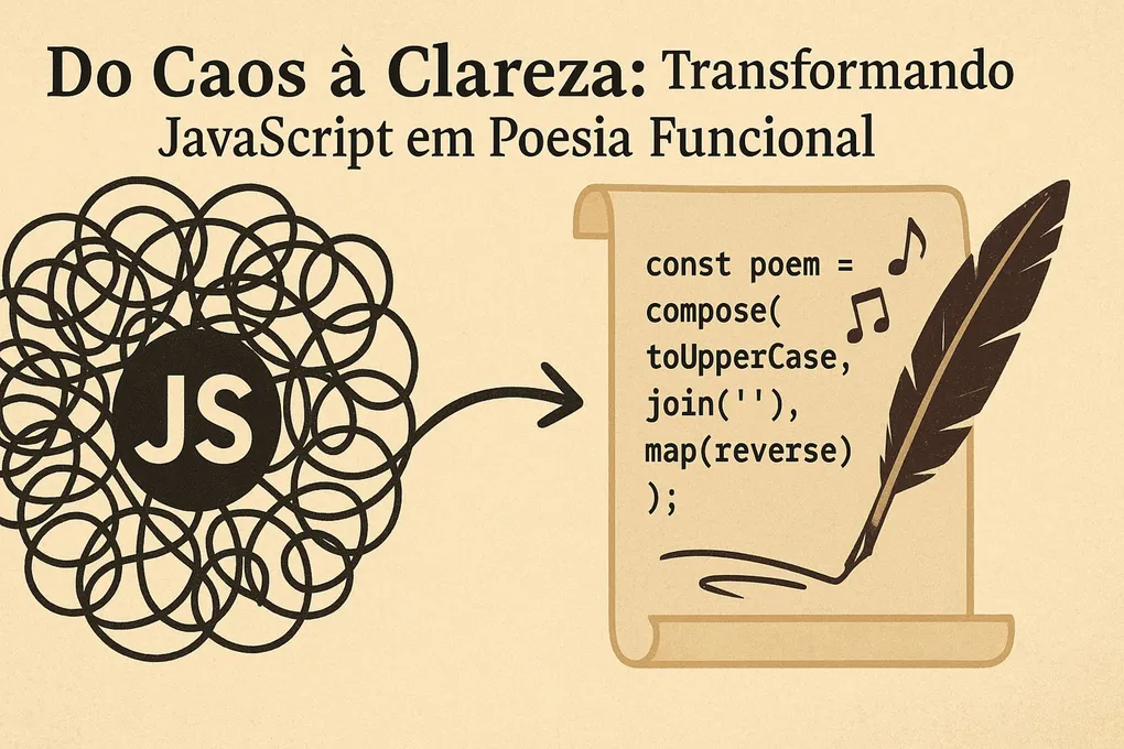 Ilustração com o título 'Do Caos à Clareza: Transformando JavaScript em Poesia Funcional'. À esquerda, um emaranhado de linhas pretas com o logotipo 'JS' no centro, representando o caos. Uma seta aponta para a direita, onde há um pergaminho com uma pena e notas musicais, simbolizando poesia. No pergaminho, está escrito em código JavaScript: 'const poem = compose(toUpperCase, join(''), map(reverse));'.