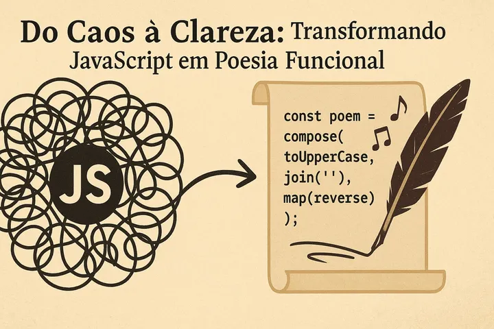 Ilustração com o título 'Do Caos à Clareza: Transformando JavaScript em Poesia Funcional'. À esquerda, um emaranhado de linhas pretas com o logotipo 'JS' no centro, representando o caos. Uma seta aponta para a direita, onde há um pergaminho com uma pena e notas musicais, simbolizando poesia. No pergaminho, está escrito em código JavaScript: 'const poem = compose(toUpperCase, join(''), map(reverse));'.