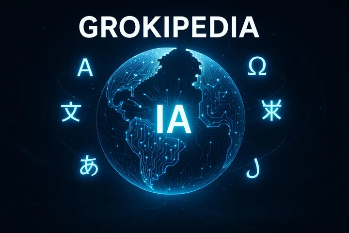 GROKIPEDIA — visualização high-tech de um globo digital parcialmente inacabado mostrando 25% do topo ausente para sugerir construção contínua; superfície formada por uma malha tridimensional de circuitos eletrônicos e padrões de conexões neurais luminosas em tons de azul elétrico e branco; núcleo irradiando a sigla IA em brilho intenso atuando como fonte de energia central; glifos multilíngues luminescentes orbitando em camadas concêntricas com efeito de glow representando unidades de conhecimento distribuído contendo os símbolos A, Ω, Ж, 文, ا, ह, あ; fundo escuro com partículas de luz e linhas dinâmicas que simulam fluxos de dados e tráfego de rede, composição equilibrada para destacar semântica de enciclopédia de inteligência artificial e interoperabilidade cultural.