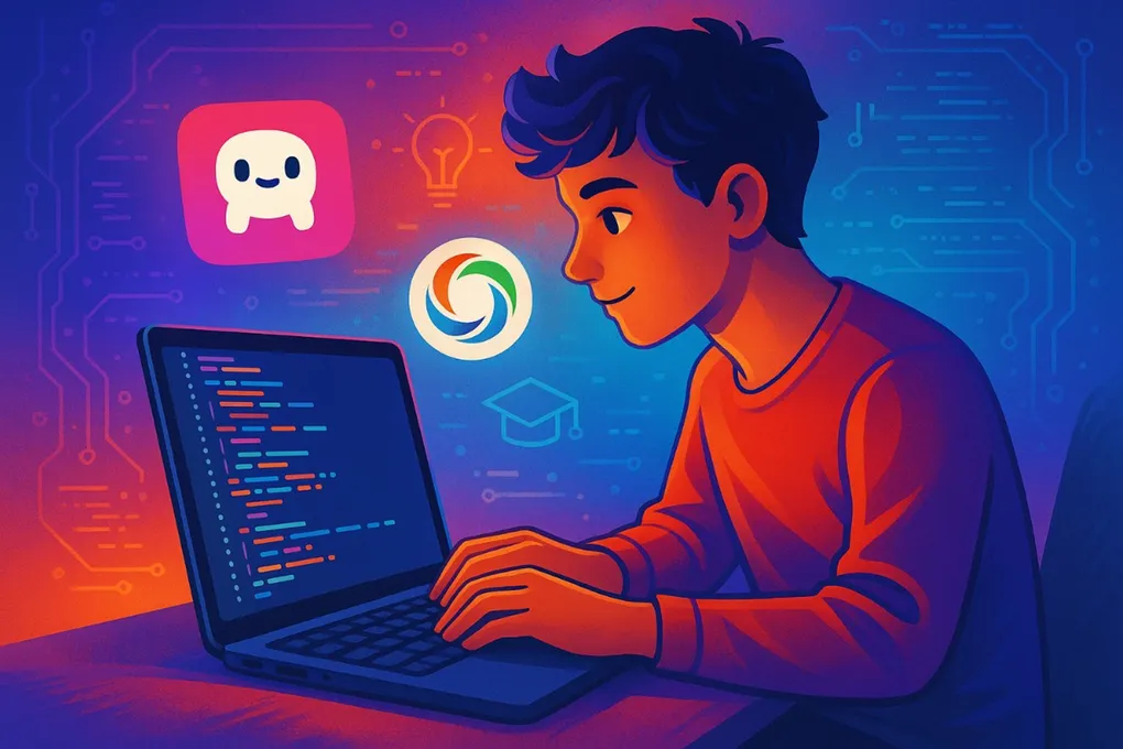 Ilustração vibrante de um jovem programador digitando em um laptop, com linhas de código coloridas na tela. Ao seu redor flutuam dois ícones que lembram, mas não são idênticos, aos logotipos dos aplicativos Mimo e Sololearn, representando plataformas de aprendizado digital. O fundo em tons de azul, roxo e laranja cria uma atmosfera moderna e criativa, destacando o entusiasmo pelo estudo de programação.