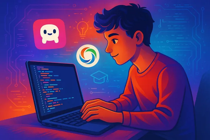 Ilustração vibrante de um jovem programador digitando em um laptop, com linhas de código coloridas na tela. Ao seu redor flutuam dois ícones que lembram, mas não são idênticos, aos logotipos dos aplicativos Mimo e Sololearn, representando plataformas de aprendizado digital. O fundo em tons de azul, roxo e laranja cria uma atmosfera moderna e criativa, destacando o entusiasmo pelo estudo de programação.