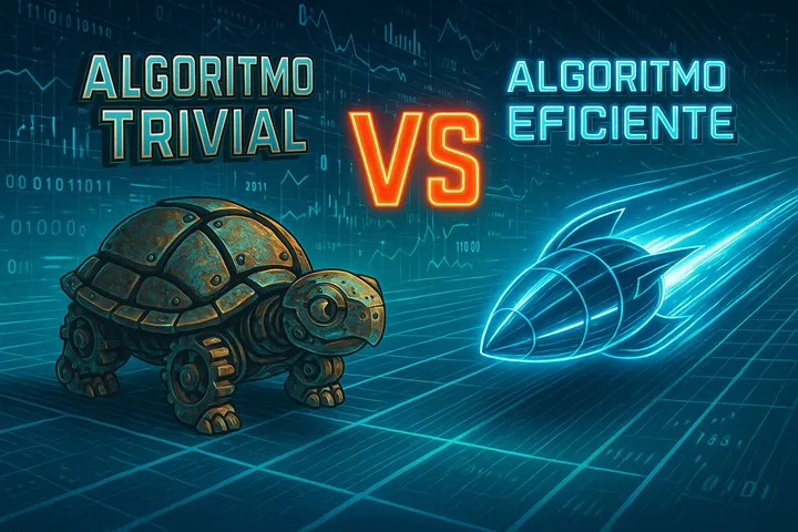 Ilustração comparando algoritmos: à esquerda, uma tartaruga robótica representando o “Algoritmo Trivial”; à direita, um foguete luminoso azul representando o “Algoritmo Eficiente”. No centro, a palavra “VS” em destaque como em um pôster de luta, simbolizando o confronto entre soluções lentas e rápidas em computação.